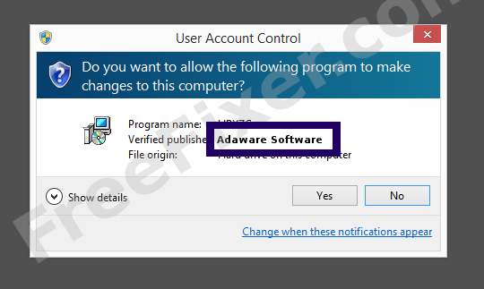 Screenshot where Adaware Software appears as the verified publisher in the UAC dialog